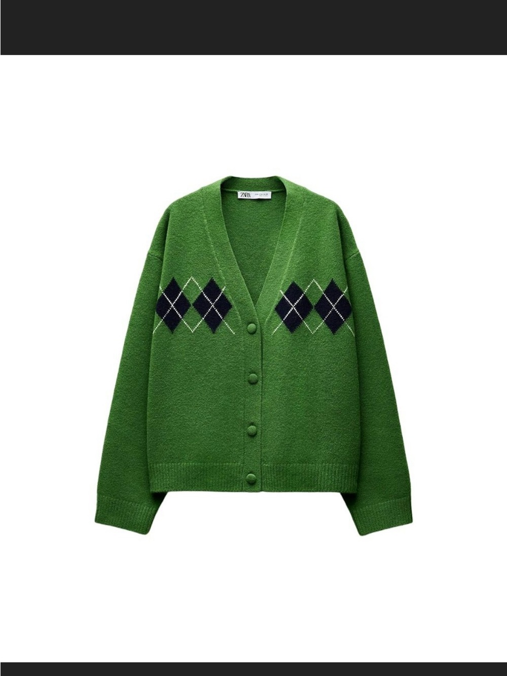 Zara Green Argyle Button-Front Cardigan Sweater, oversized NWOT S
M